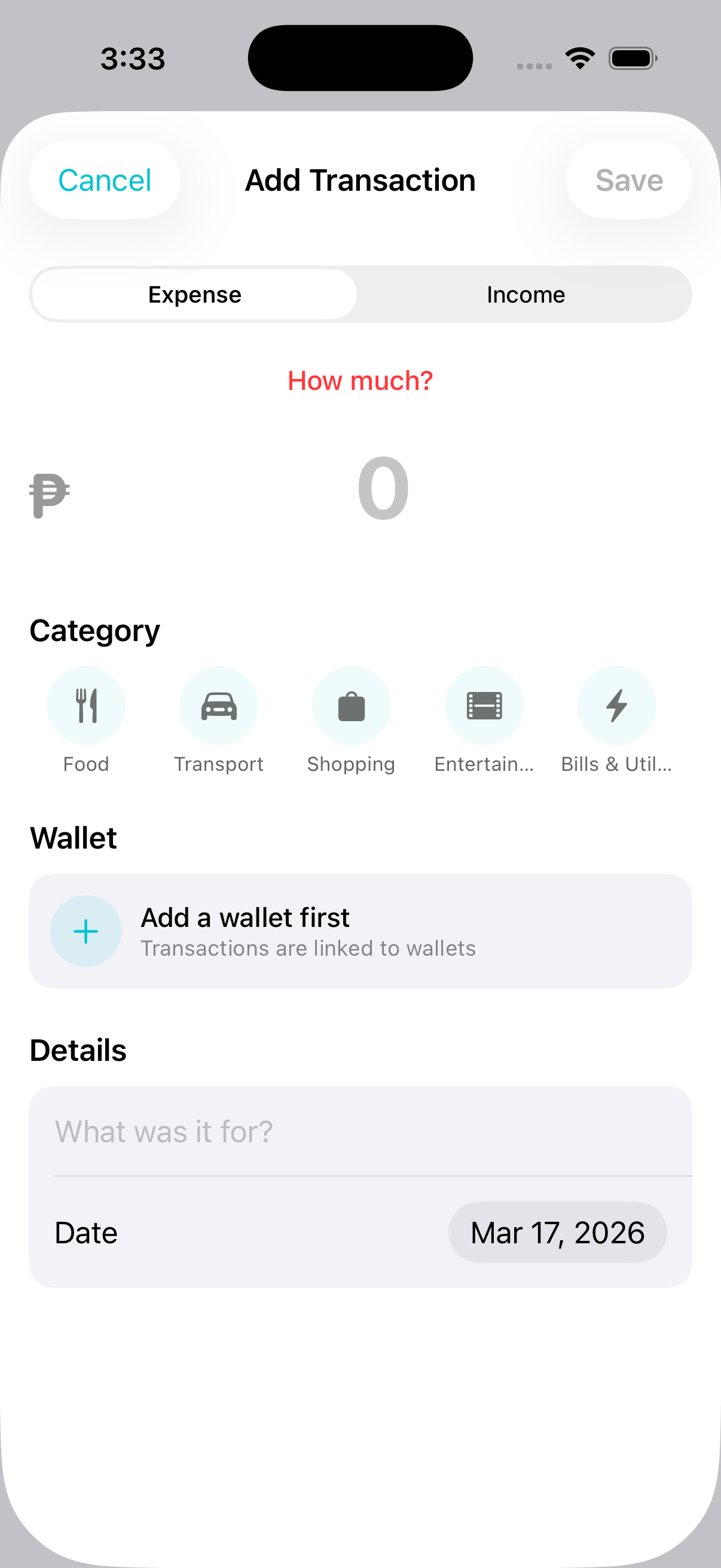 Add transaction screen