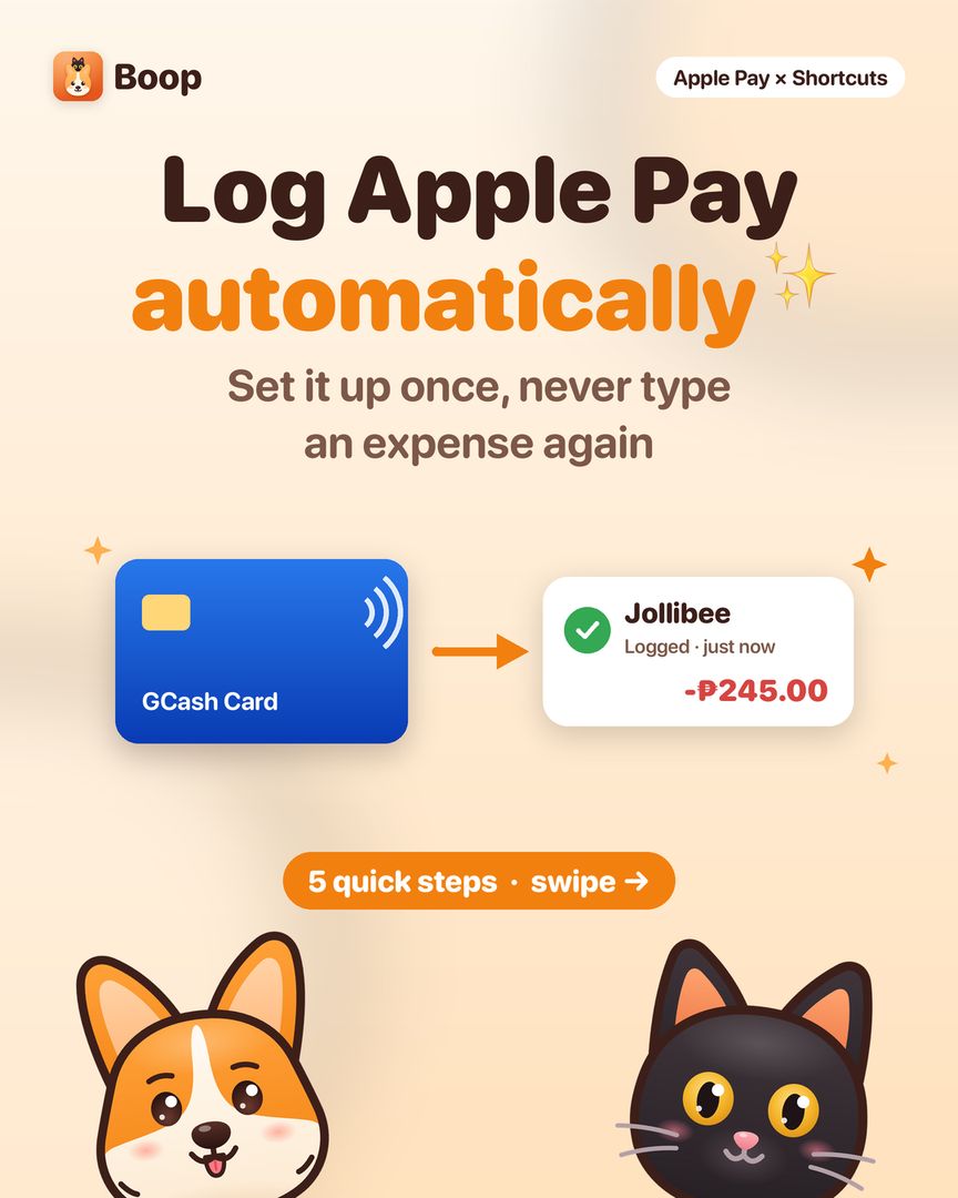 Log Apple Pay automatically: a GCash card tap becomes a logged Jollibee expense of 245 pesos in Boop