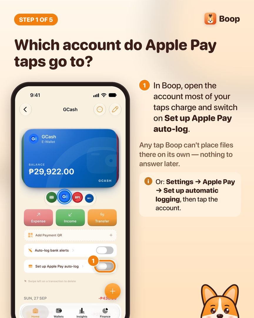 Step 1: a GCash account in Boop with the Set up Apple Pay auto-log switch highlighted