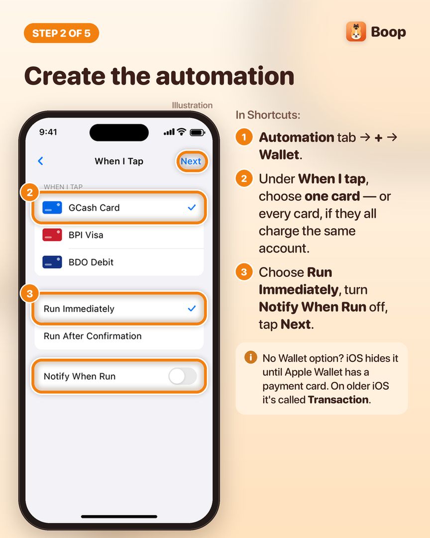 Step 2: the Shortcuts When I Tap screen with a GCash card selected, Run Immediately chosen and Notify When Run off