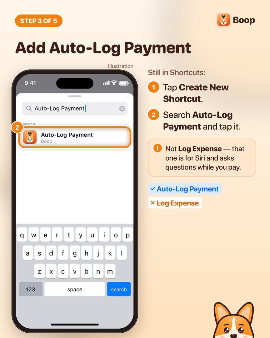 Step 3: searching Shortcuts for Auto-Log Payment and picking Boop's action, not Log Expense