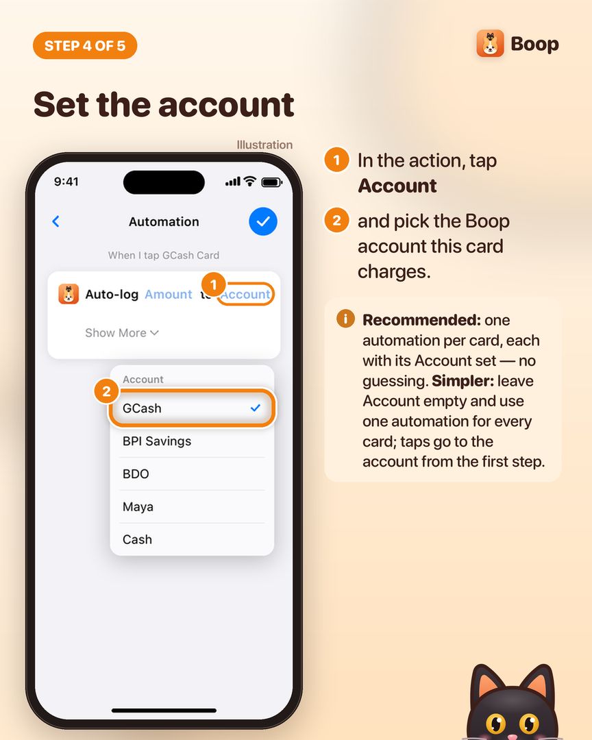Step 4: the Auto-log action with its Account menu open and GCash selected
