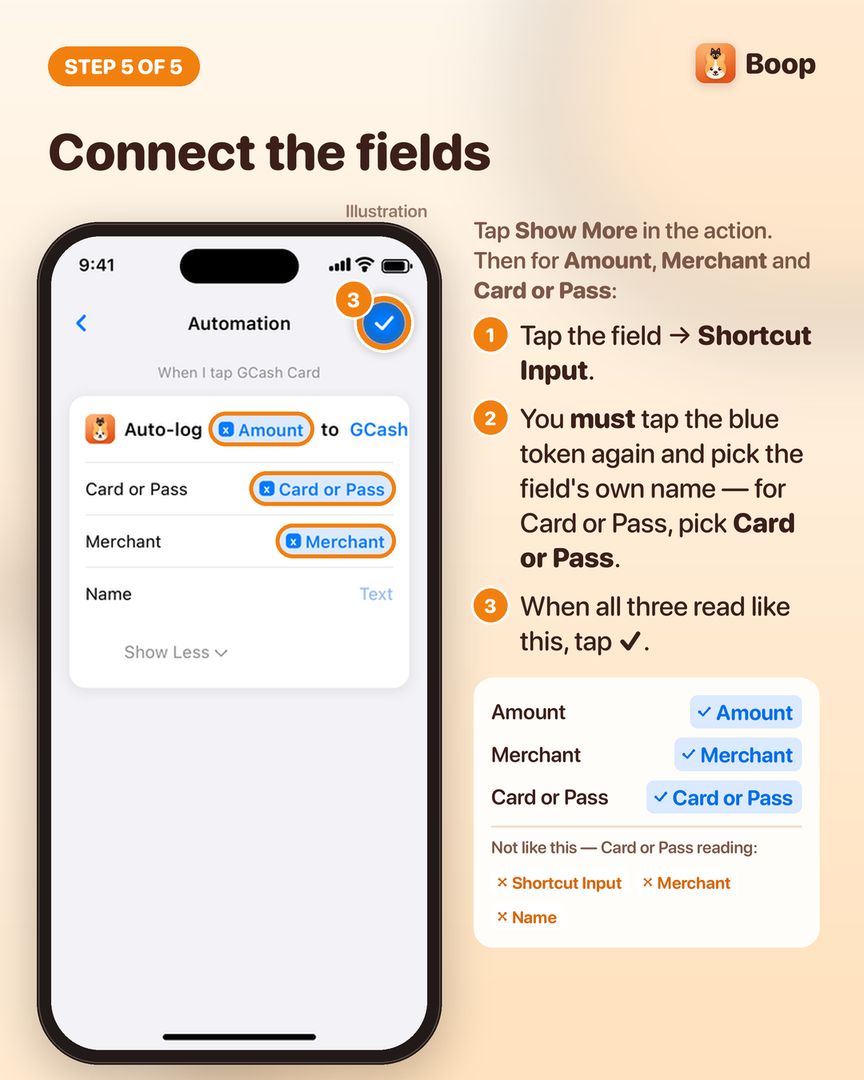 Step 5: the action's Amount, Merchant and Card or Pass fields each set to their own Shortcut Input value