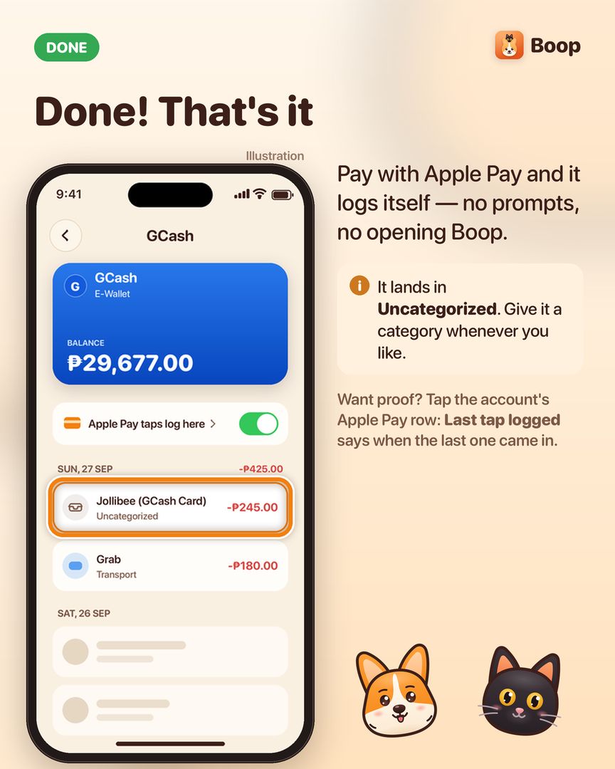 Done: a Jollibee payment of 245 pesos on a GCash card logged automatically in Boop