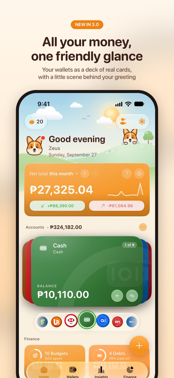 Home screen: all your money in one friendly glance, with your wallets as a deck of cards and a little scene behind your greeting