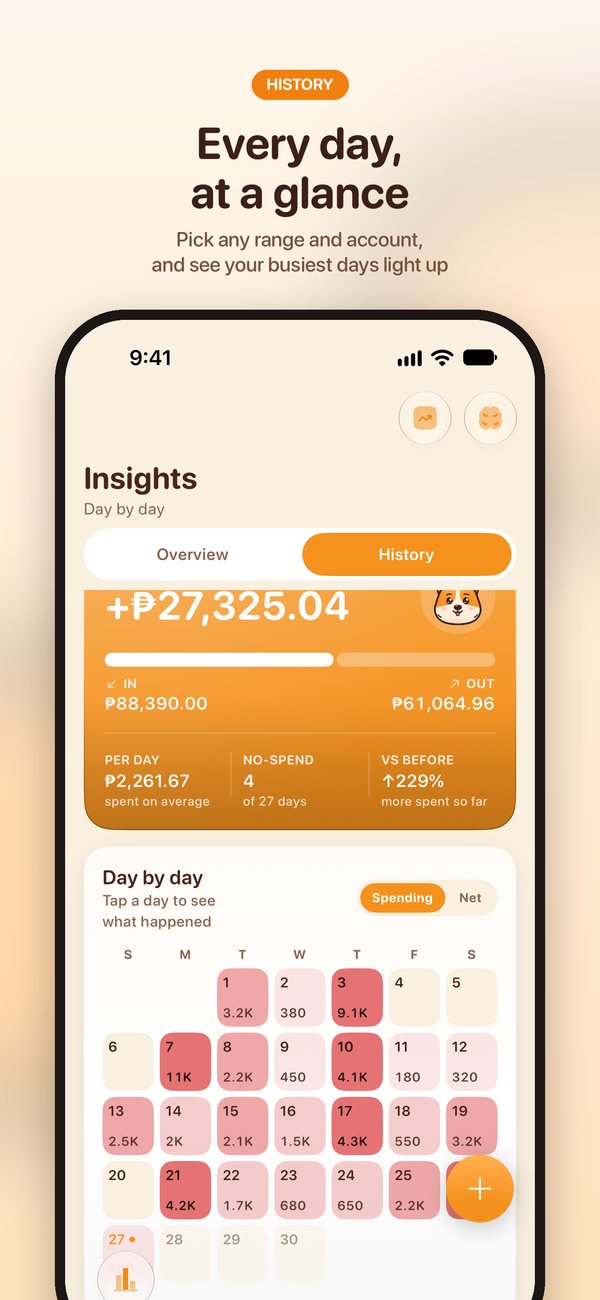 History: pick any range and account and see your busiest spending days on a calendar