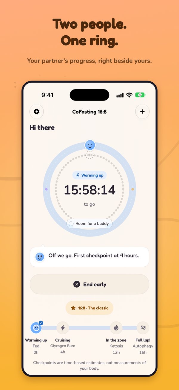 CoFasting 16:8 timer: two people, one ring, with your partner&rsquo;s progress right beside yours
