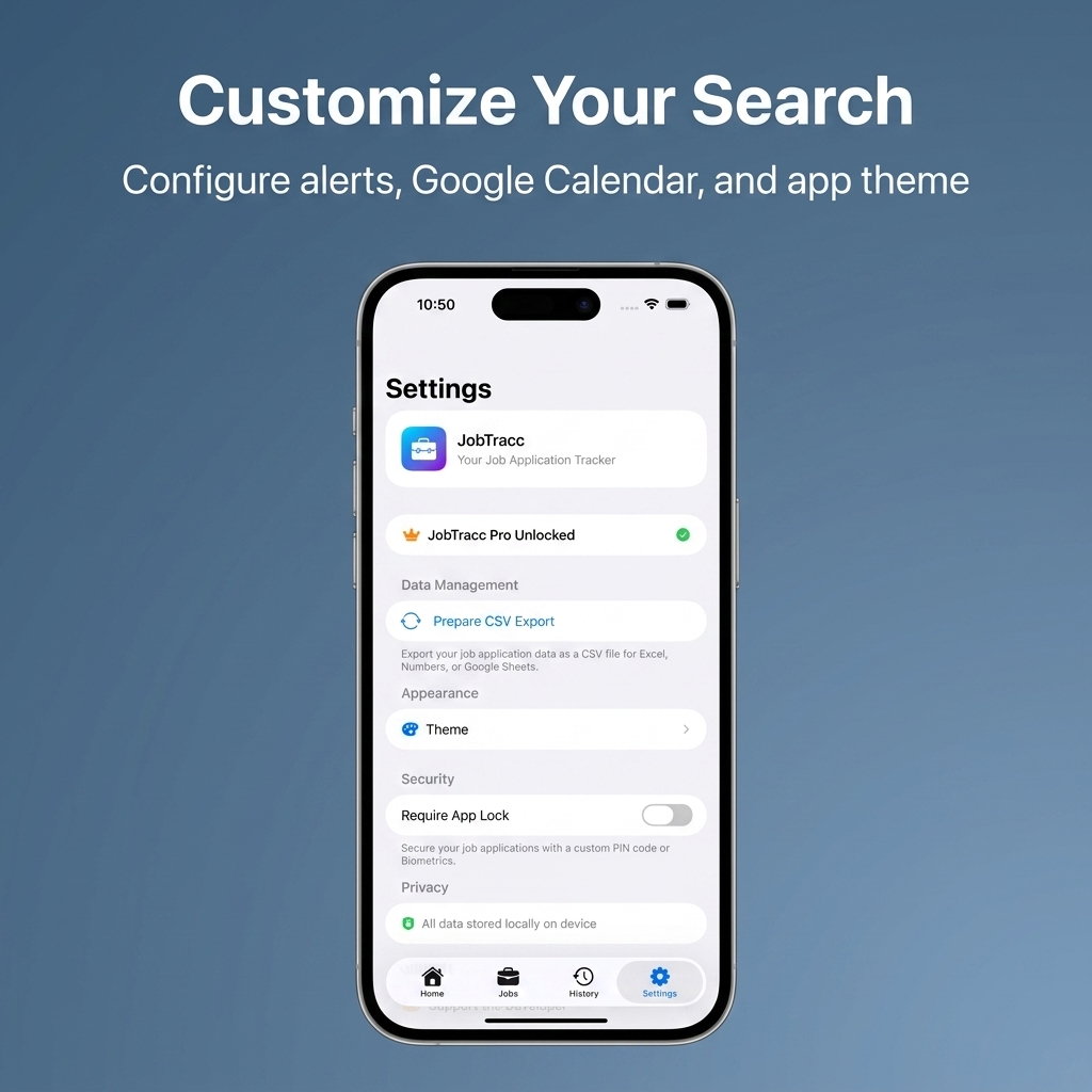 Settings screen showing data export and theme choices