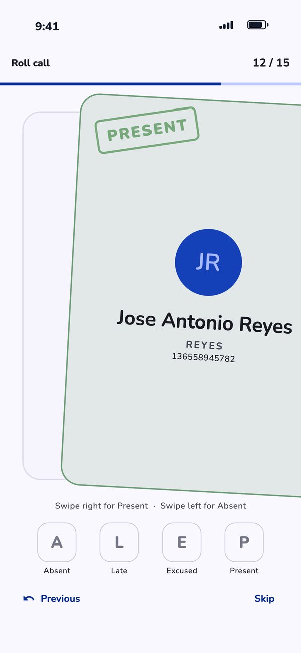 Swipe roll call: swipe right for present, left for absent, one student at a time