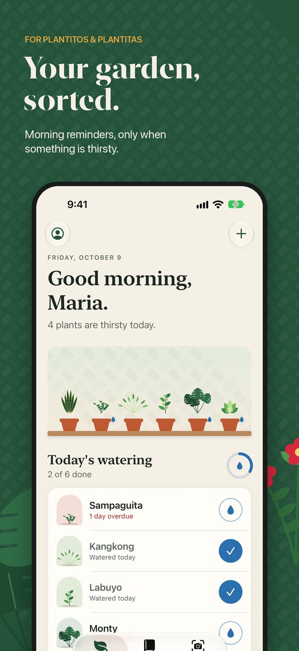 Your garden, sorted: morning watering reminders, only when something is thirsty