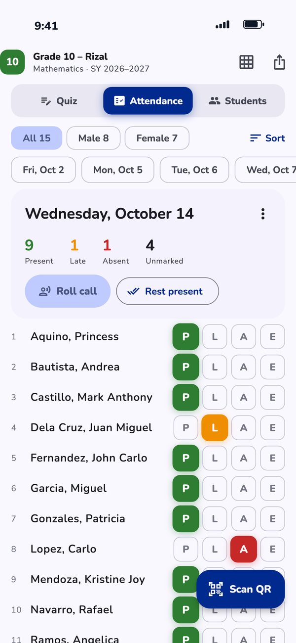 Attendance mode: Present, Late, Absent or Excused for each student, with Scan QR and Roll call