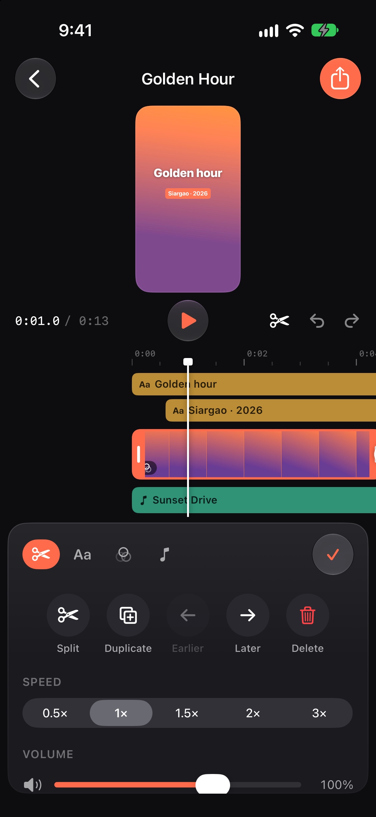 Clip tools: split, duplicate, reorder, speed and volume