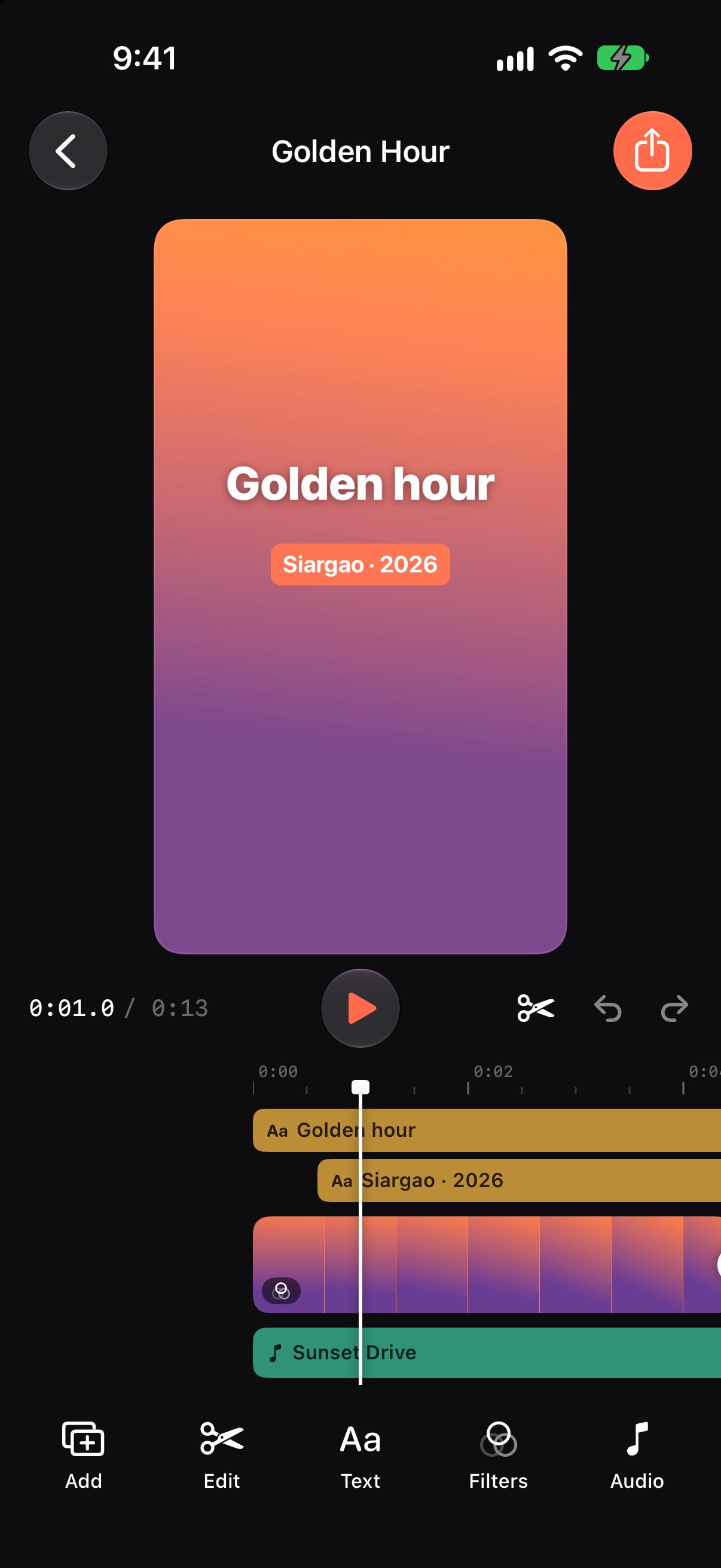 Reelscraft editor with a title over a sunset clip and the timeline below