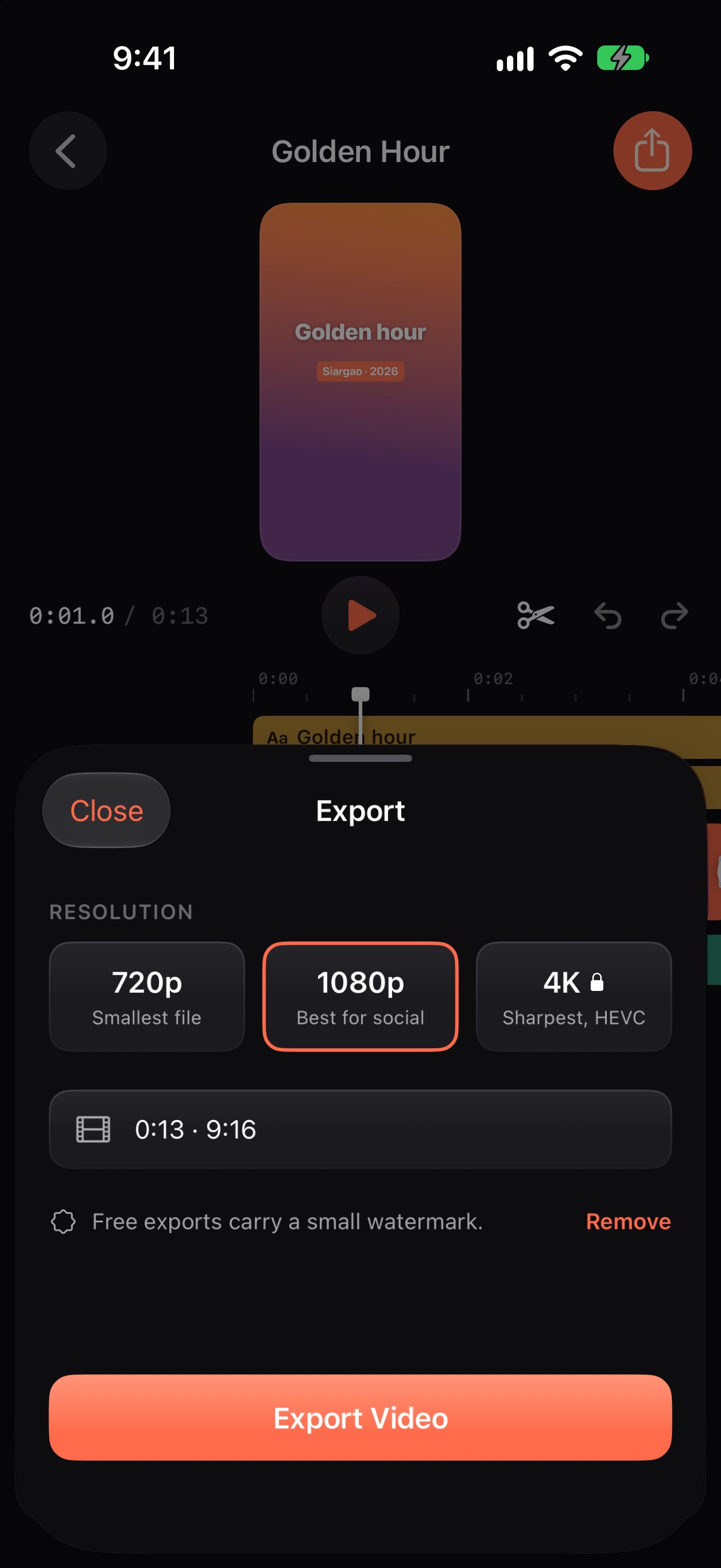 Export options for 720p, 1080p and 4K