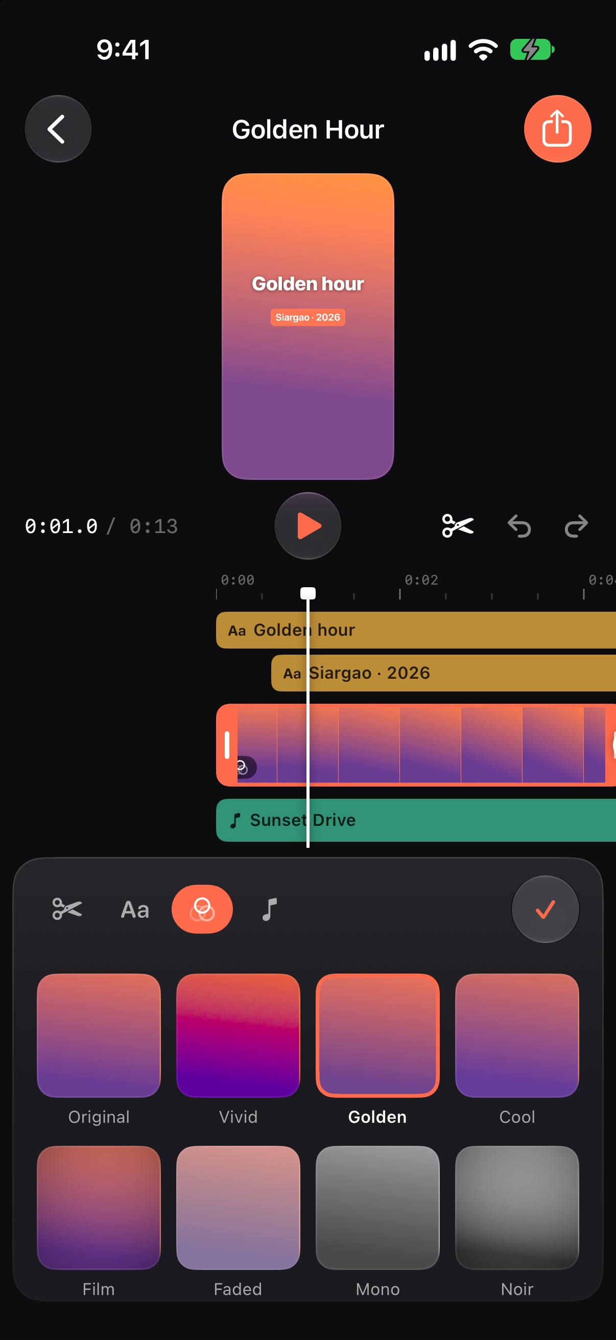 Filter presets previewed on the selected clip