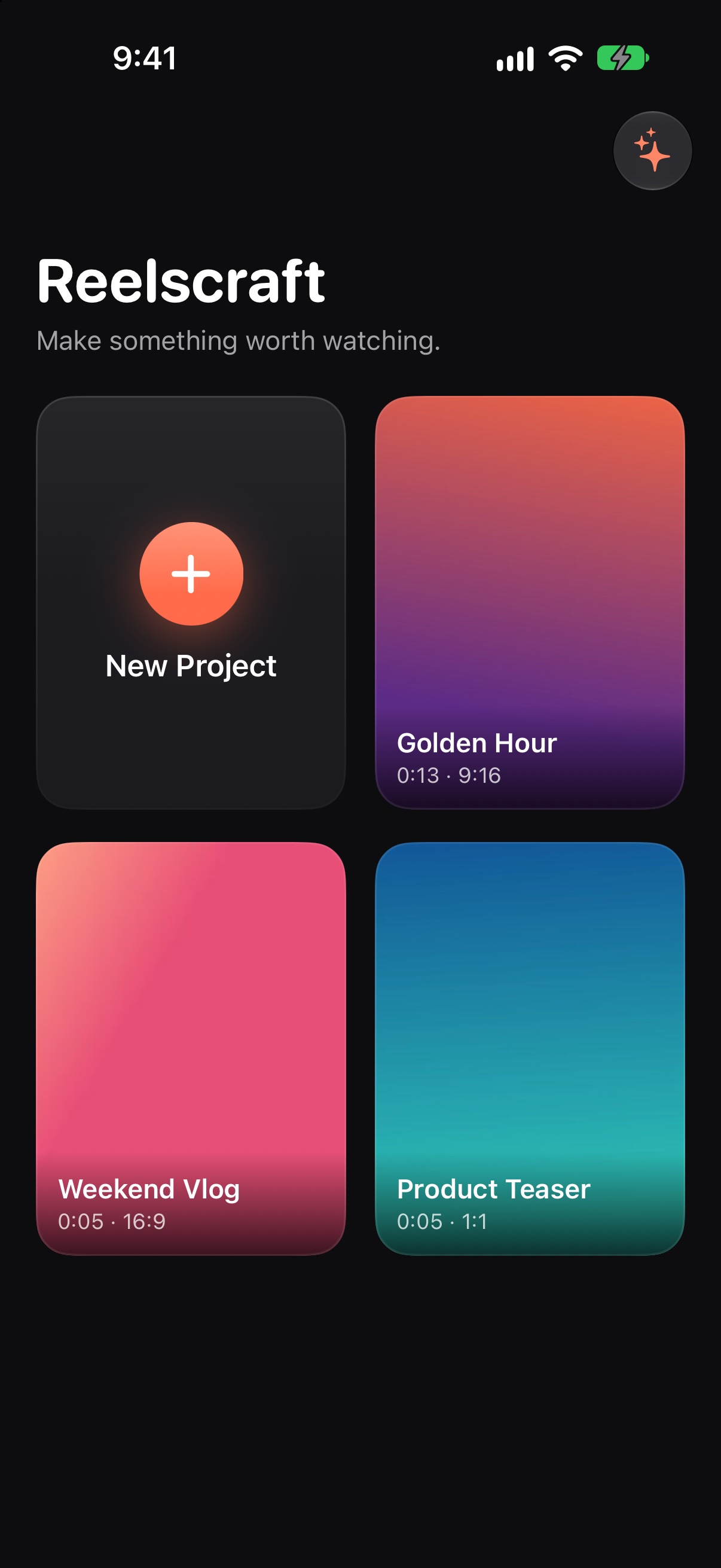 Project library with 9:16, 16:9 and 1:1 projects