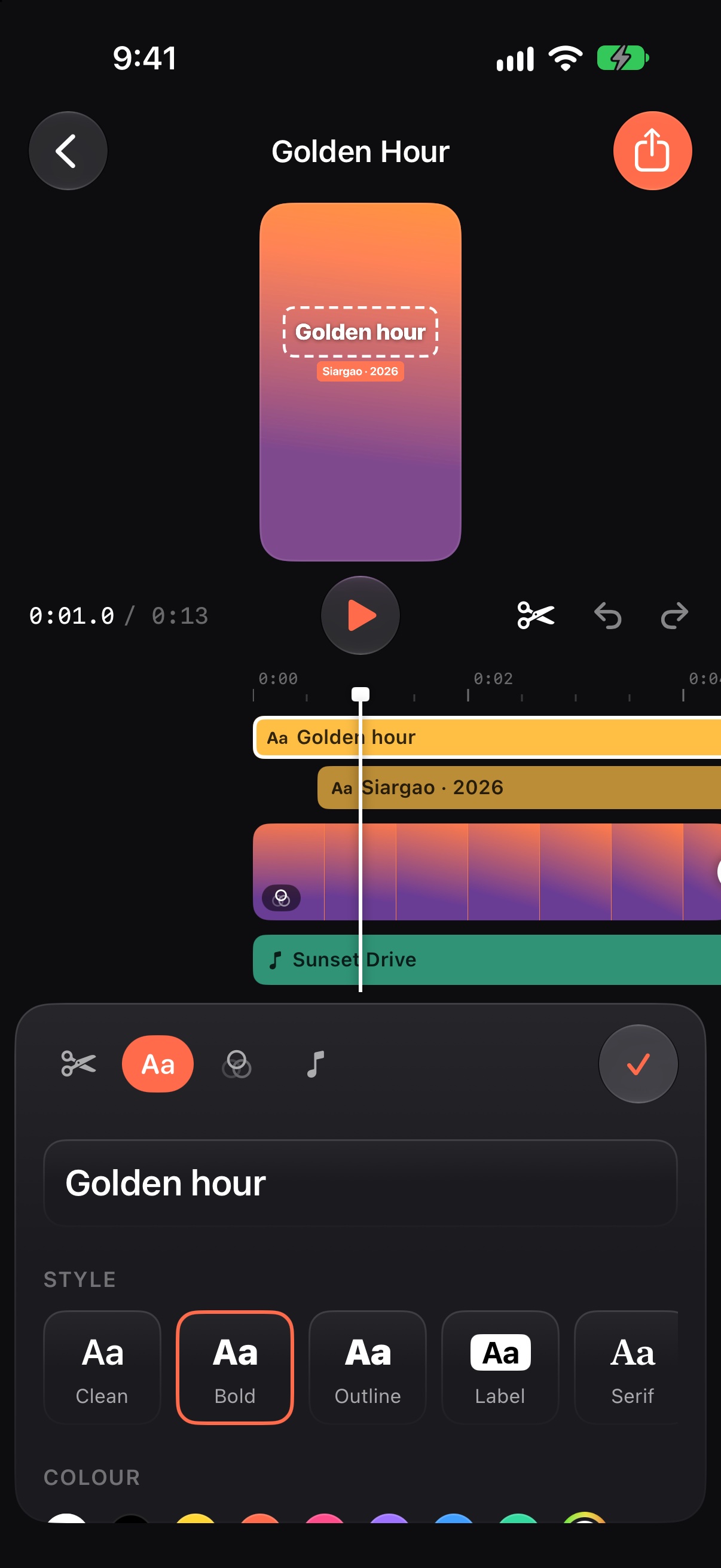 Text panel with styles and the title selected on the video