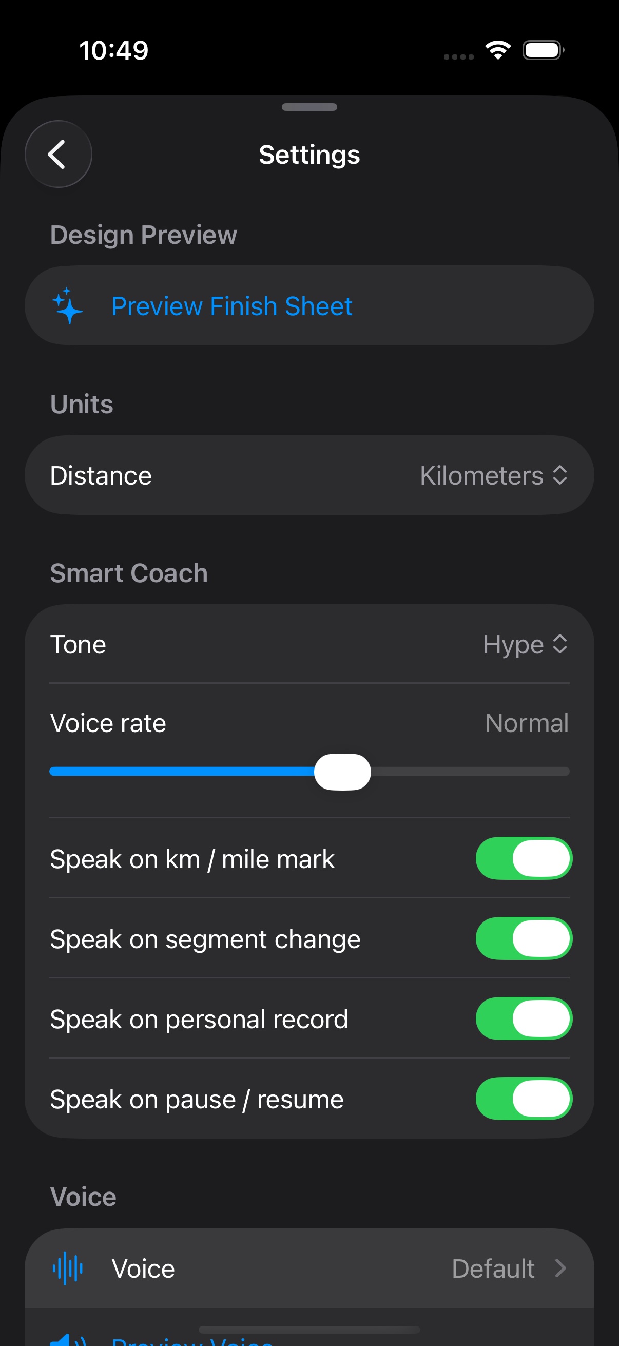Smart Voice Coach settings with Hype, Calm, Drill, and Mindful tones