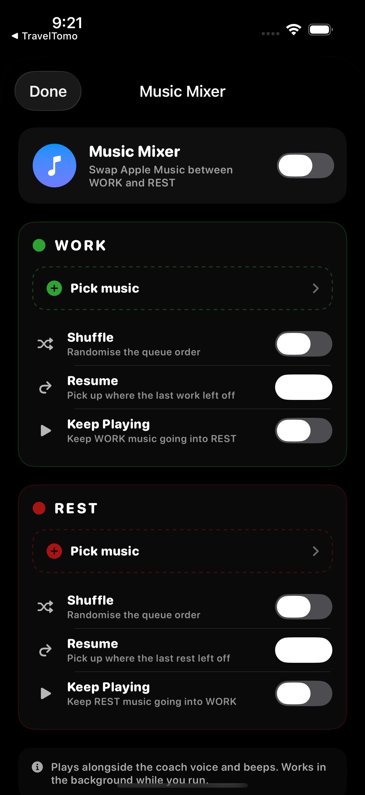 Apple Music mixer swapping playlists between work and rest phases