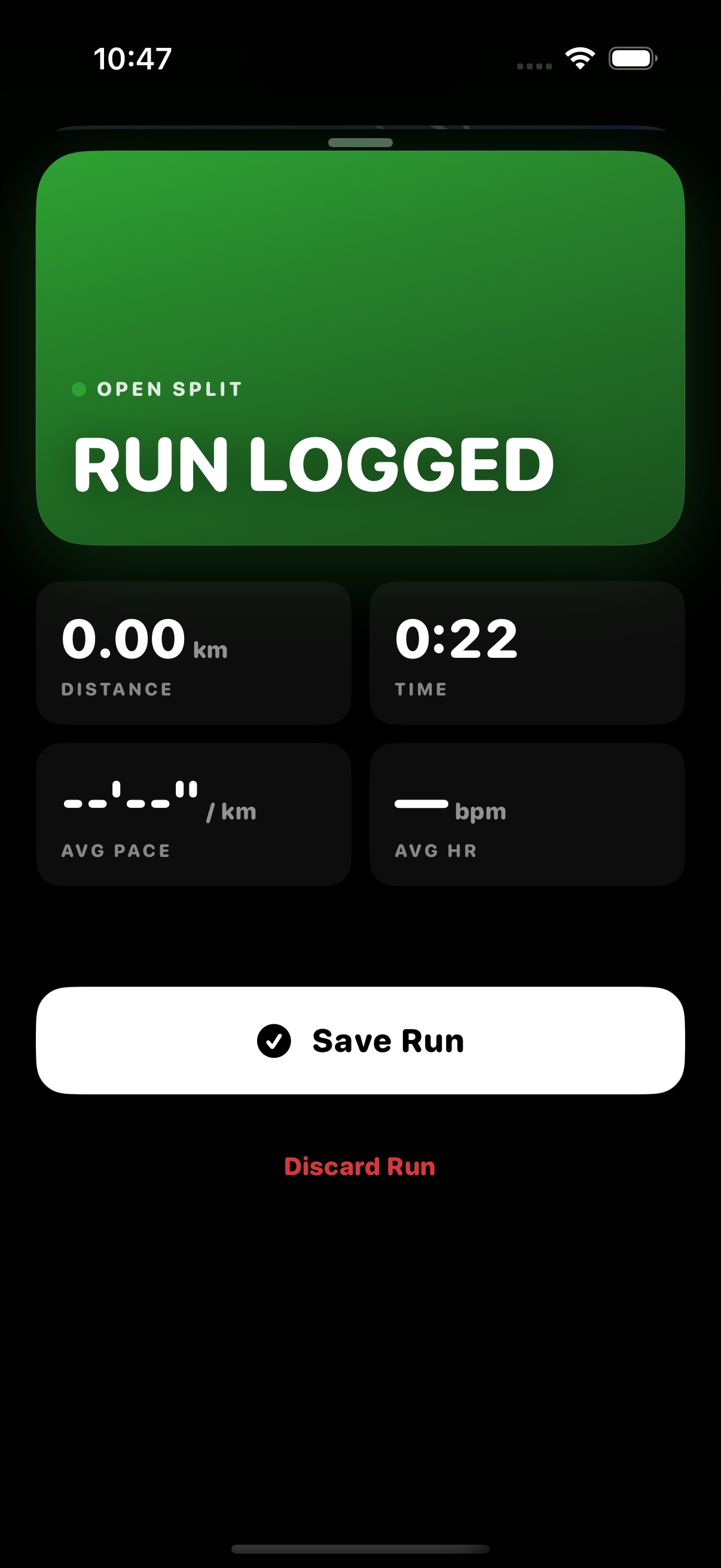 Strava-style 9:16 share card with route polyline and run stats