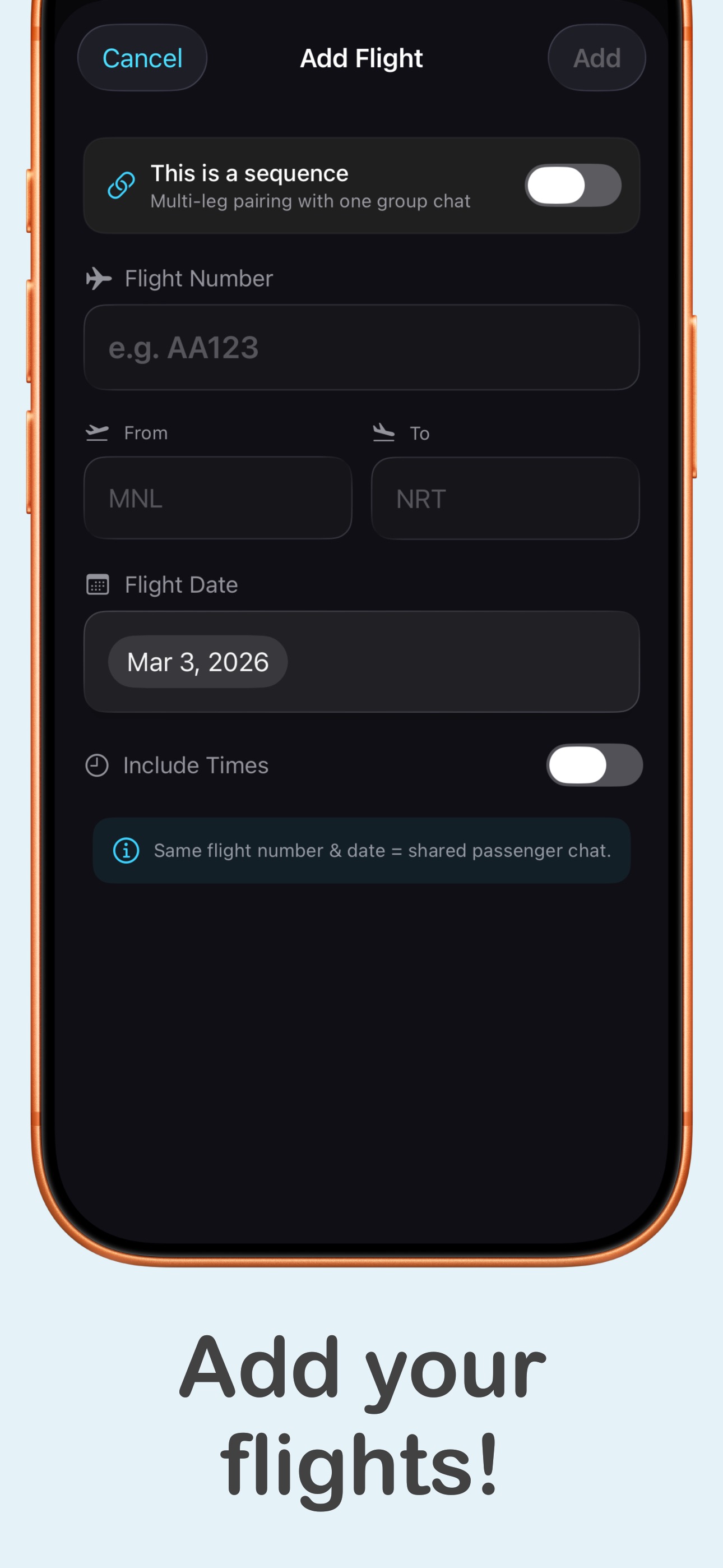 SkyLink Connect manual add flight form