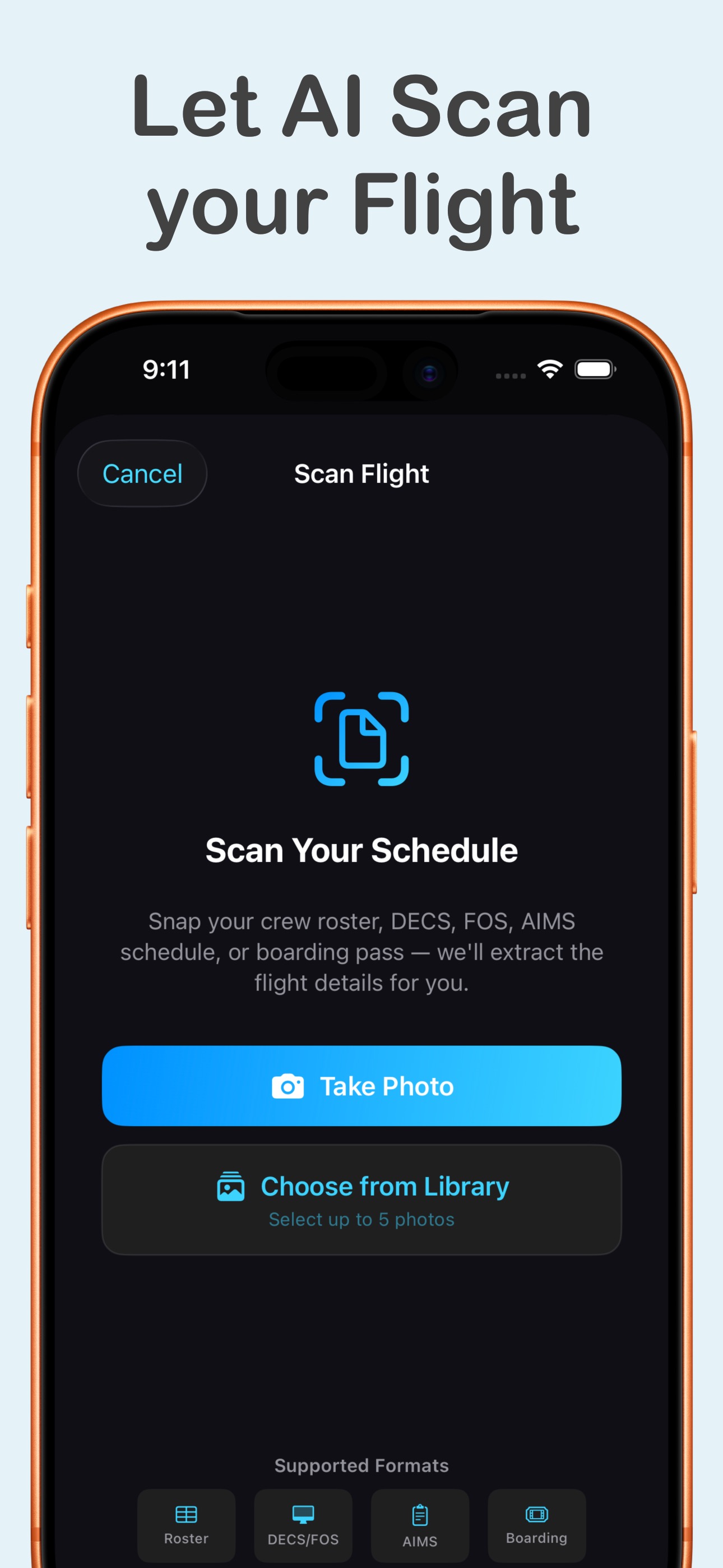 SkyLink Connect AI scan screen for crew rosters and boarding passes
