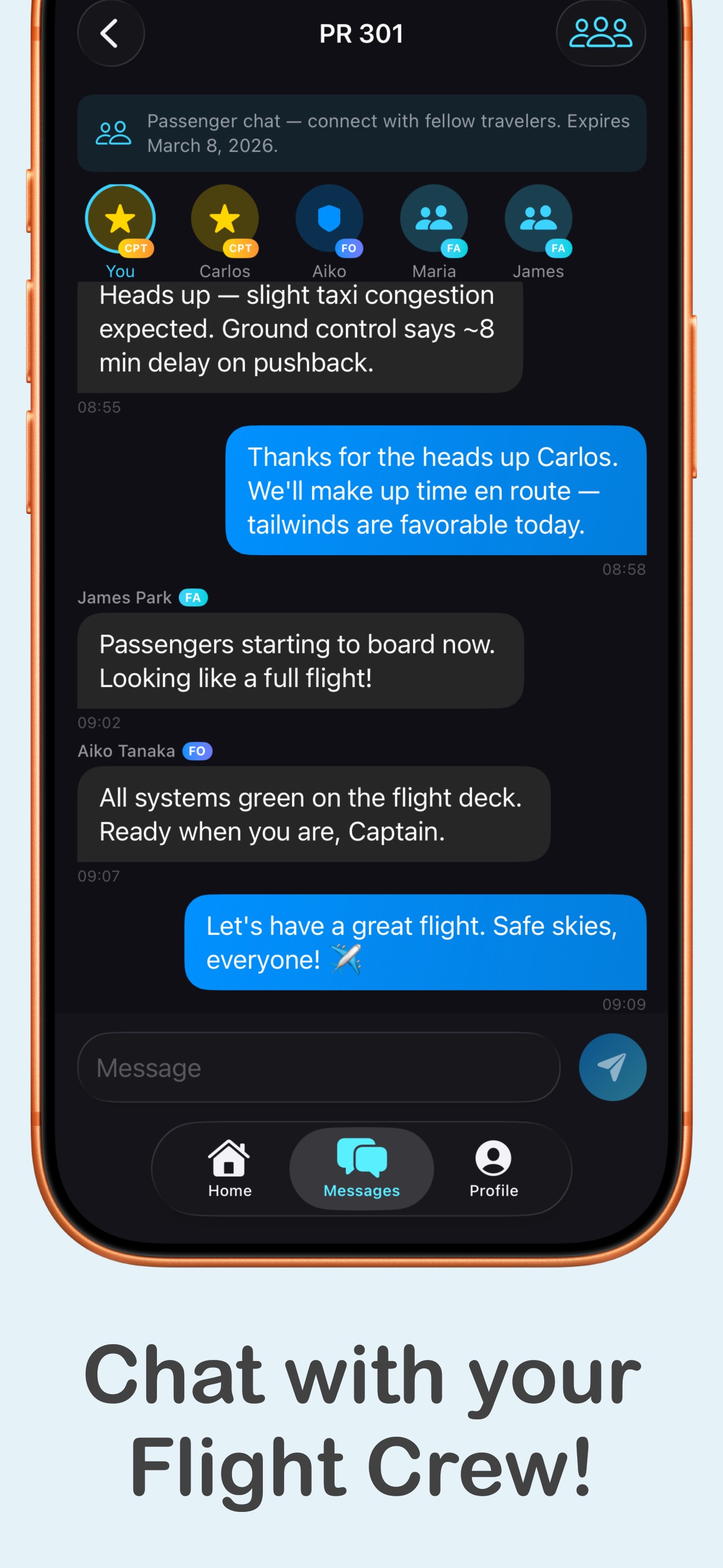 SkyLink Connect real-time crew chat for flight PR 301
