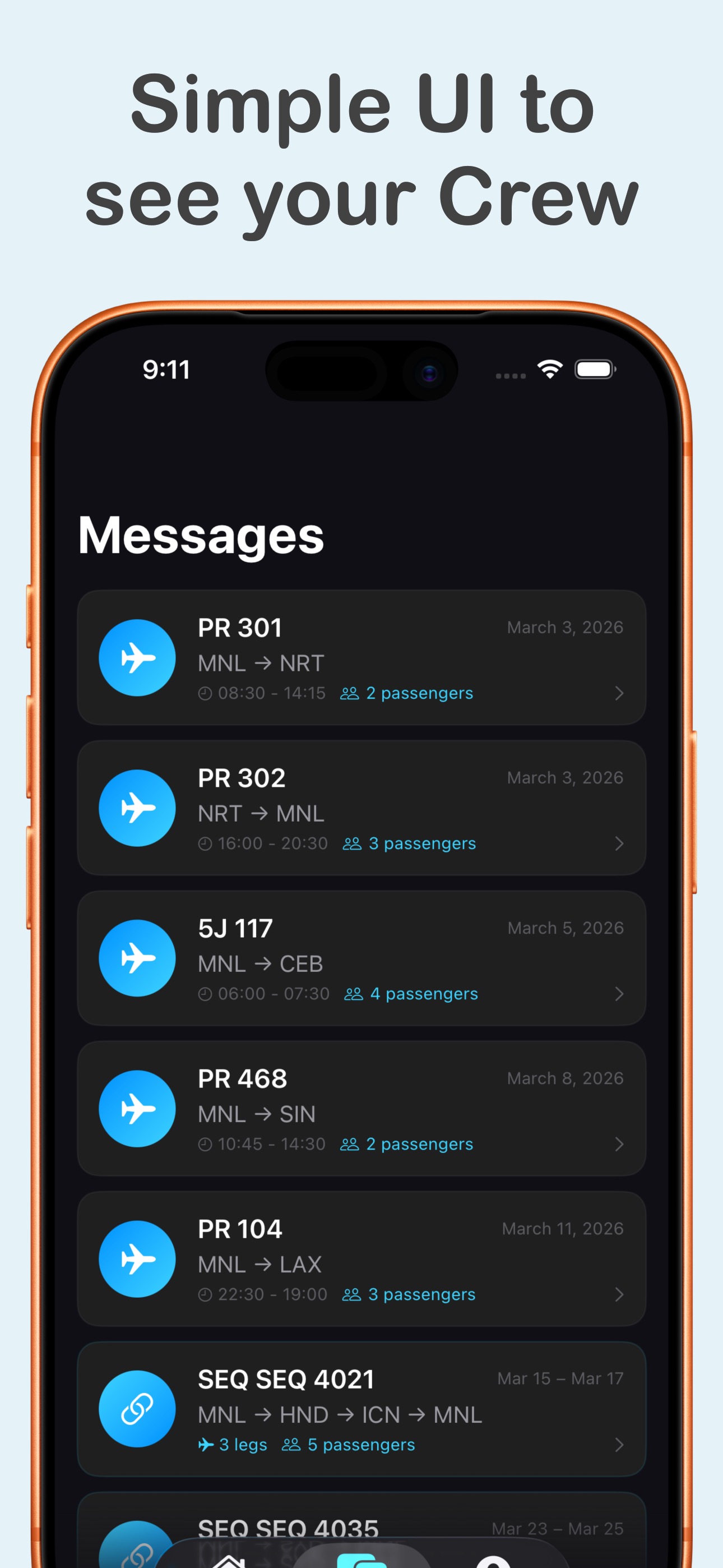 SkyLink Connect messages list showing flights and passenger counts