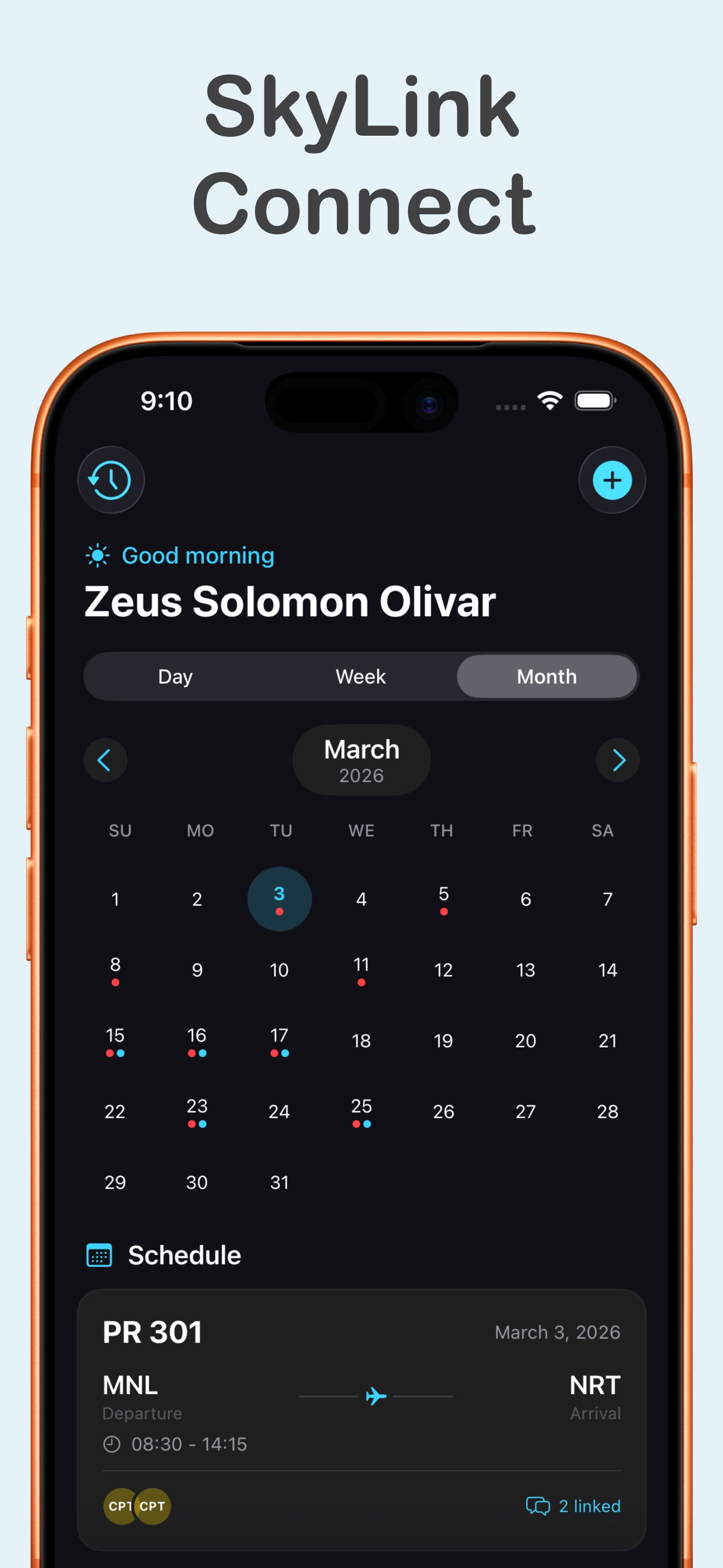 SkyLink Connect home screen showing flight schedule